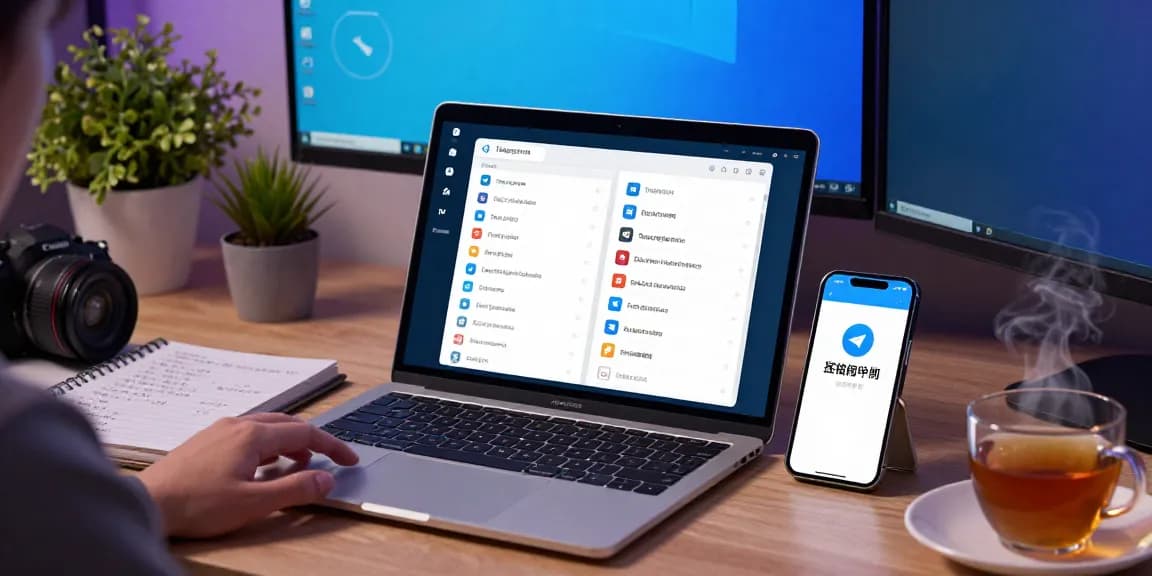 Customizing the Telegram Chinese interface on laptop and mobile in a modern workspace.
