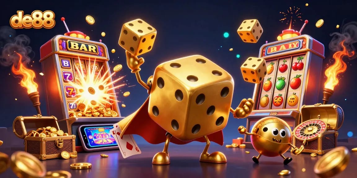 Experience thrilling action at de88 with a golden dice golem and casino elements.