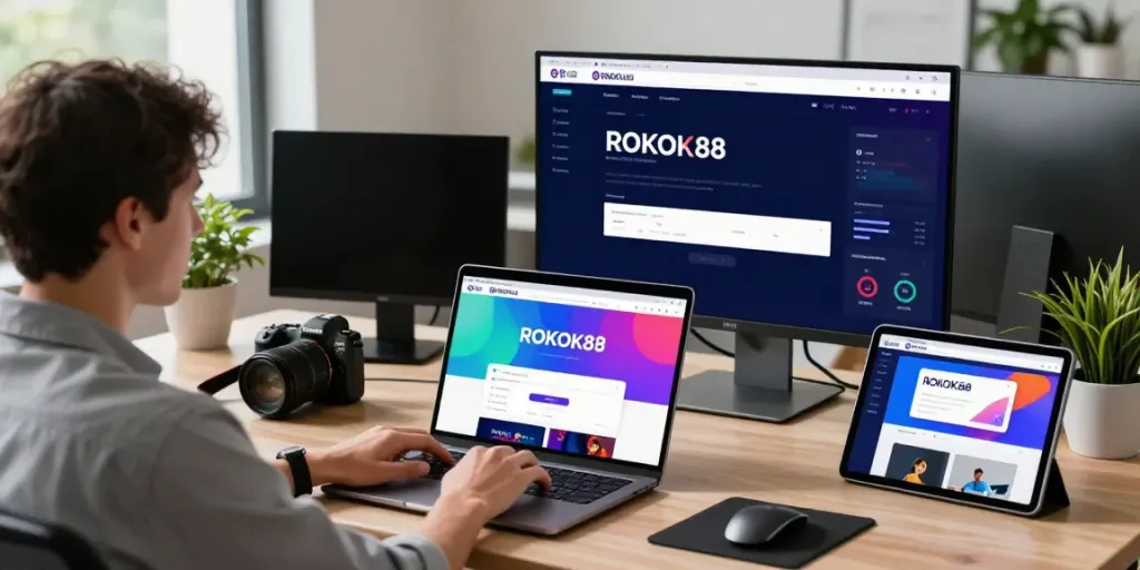 Accessing rokok88 login on a sleek laptop in a modern workspace with vibrant displays.