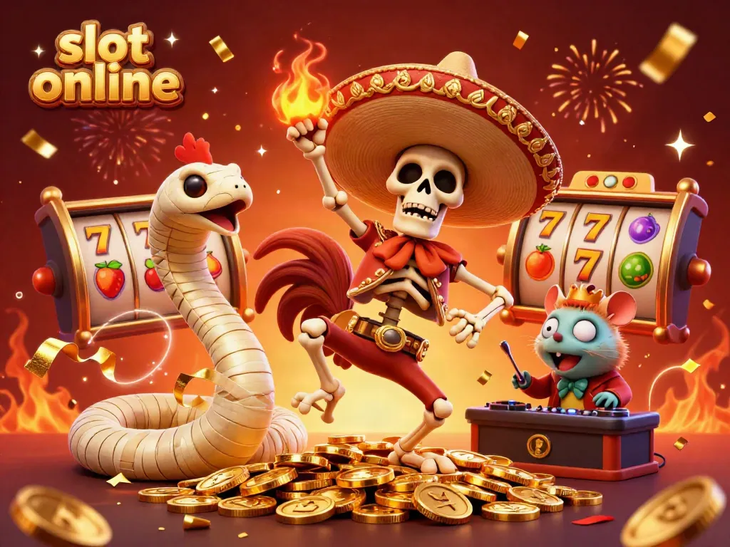 Experience thrilling slot online action with a lively scene featuring colorful characters and jackpot symbols.
