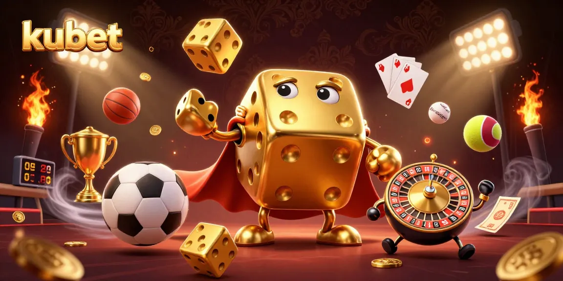 Kubet features a golden dice golem juggling winnings while dynamic sports elements create an exhilarating gaming atmosphere.