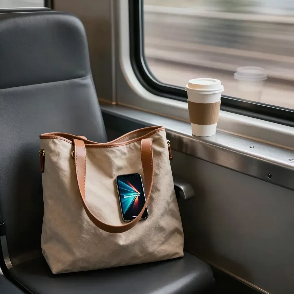 Kaffekopp, väska och mobil med nyhetsglöd på ett tågsäte i rörelse
