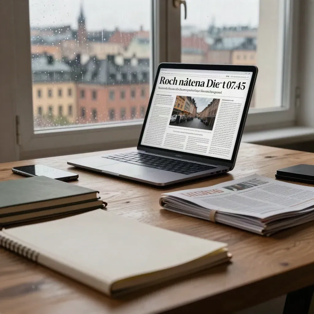 Mörkt, filmiskt kontorsbord med surfplatta, laptop, mobil och papper vid regnigt Stockholmsfönster.