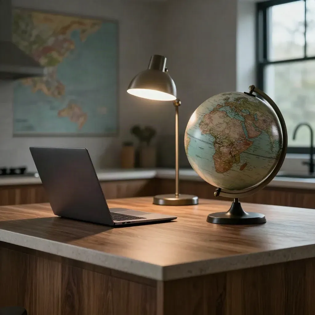 Kvällsresearch i köket med laptop, glob och bordslampa i dämpat ljus.