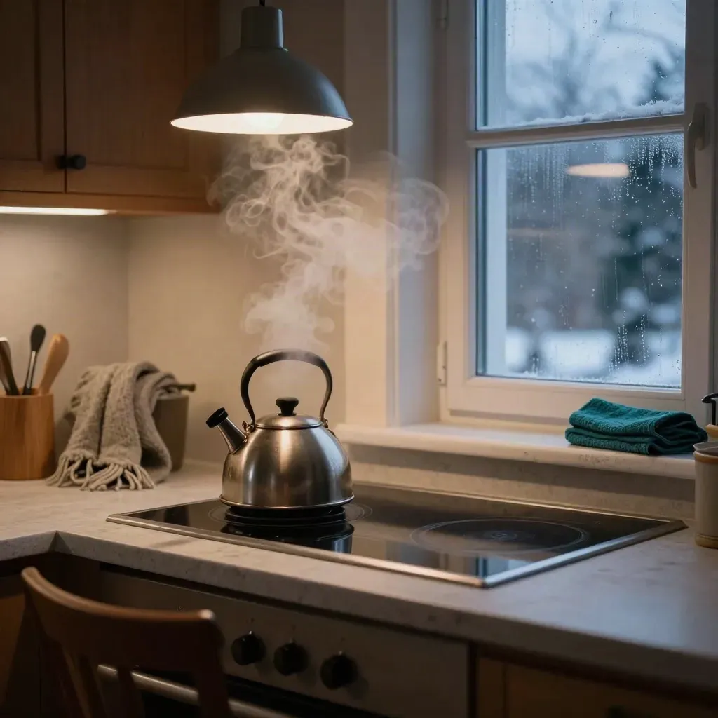Ångande vattenkokare vid avstängd spishäll i ett varmt vinterkök vid blå timmen.