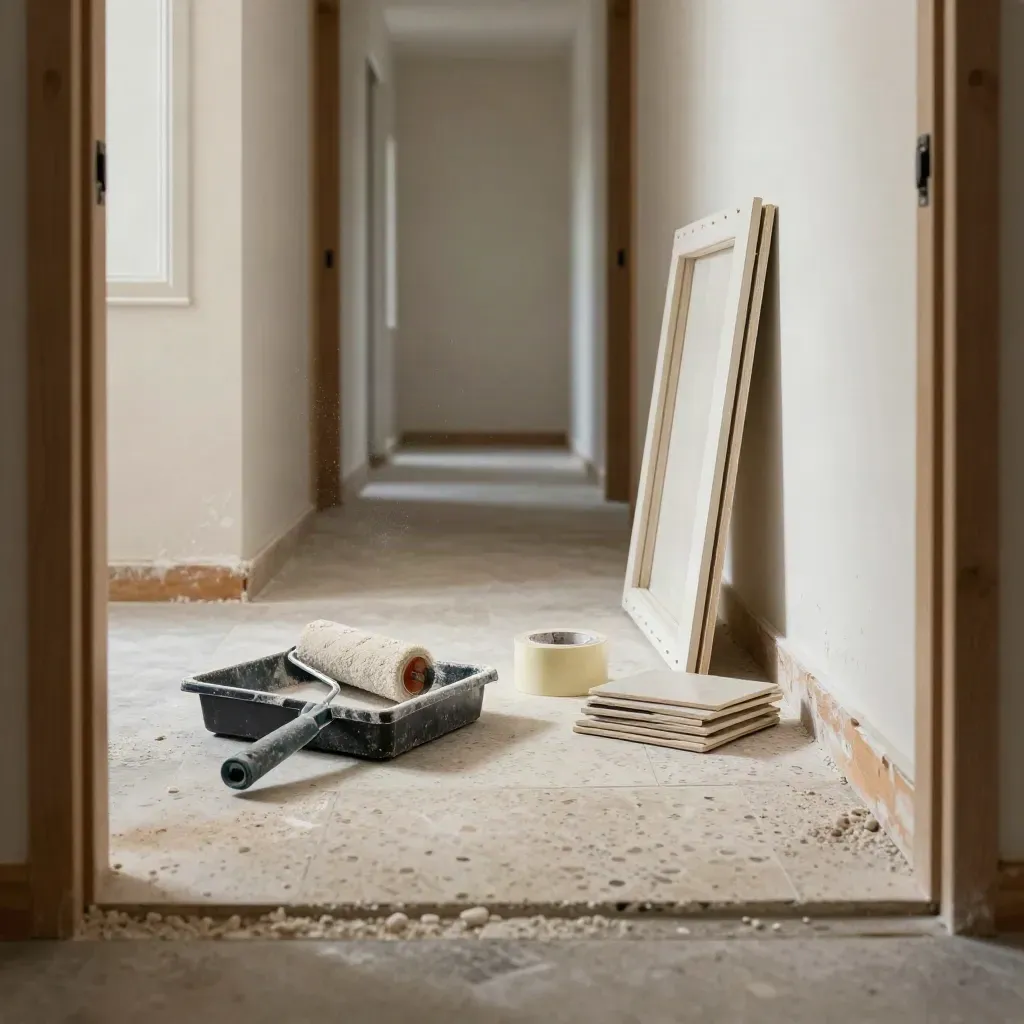 Renoverad hall med färgtråg, maskeringstejp, kakelprover och en avskalad dörrkarm.