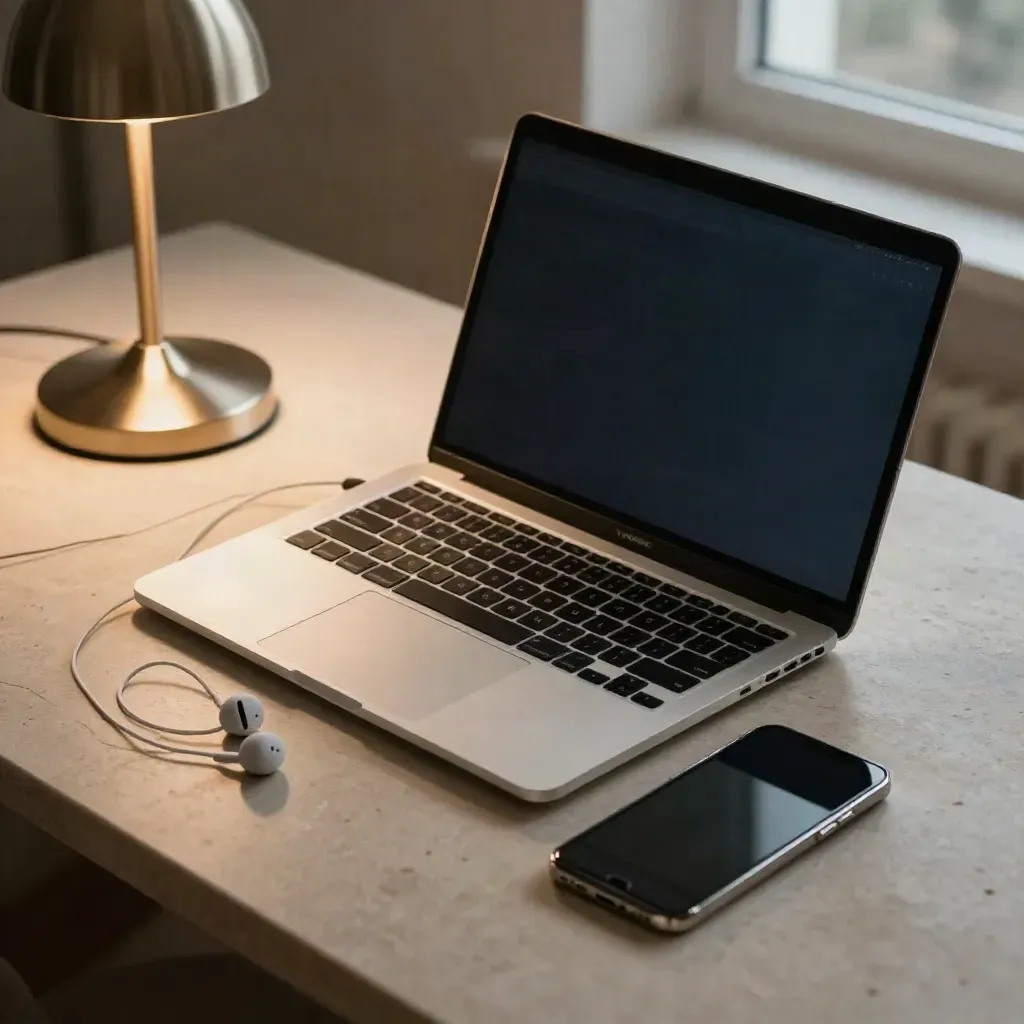 Laptop, mobil och hörlurar vid en varm skrivbordslampa i ett mörkt kvällsrum.