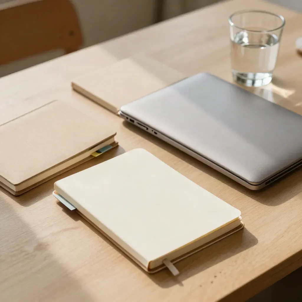 Fem tabbed notebooks, ett laptopfodral och ett vattenglas på ljust träbord i mjukt morgonljus.
