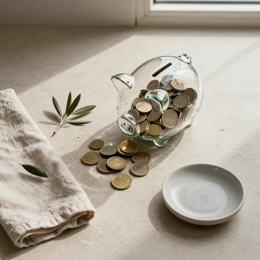 Glasgrisskare med mynt, linnetyg, olivkvist och keramisk skål på ljus sten.