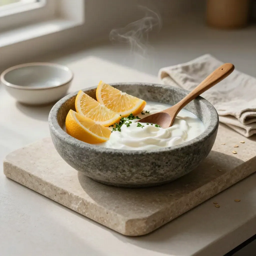 Skål med citrus, yoghurt och örter på stenbricka i mjukt morgonljus.