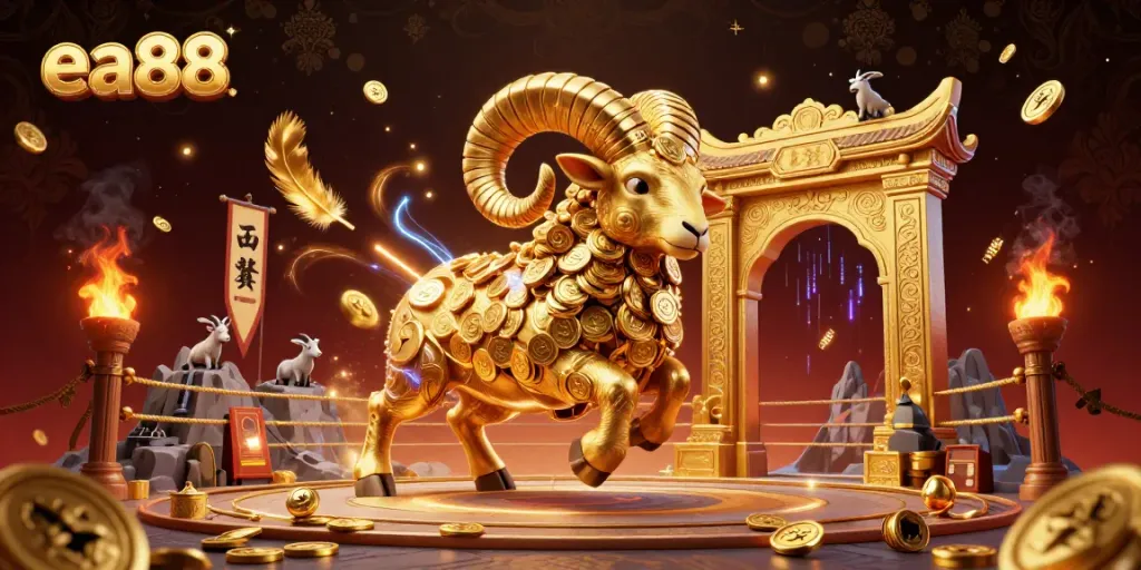 Engage with ea88's dynamic gambling scene featuring an animated golden ram charging through a temple gate amidst festive casino elements.