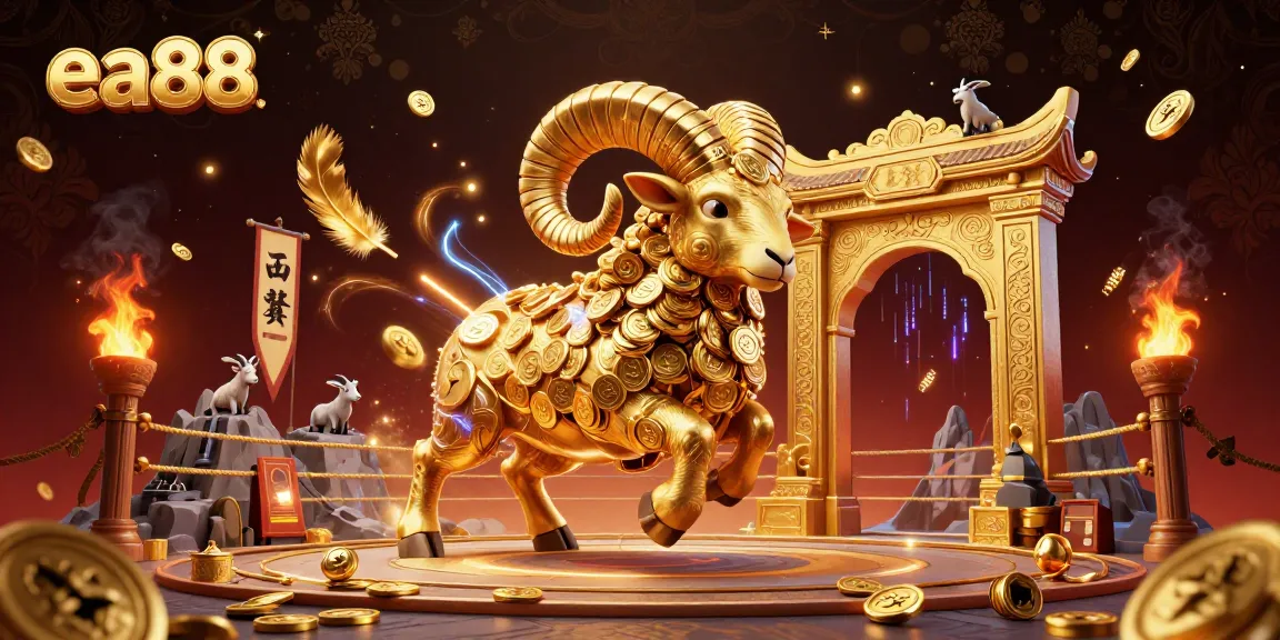 Engage with ea88's dynamic gambling scene featuring an animated golden ram charging through a temple gate amidst festive casino elements.