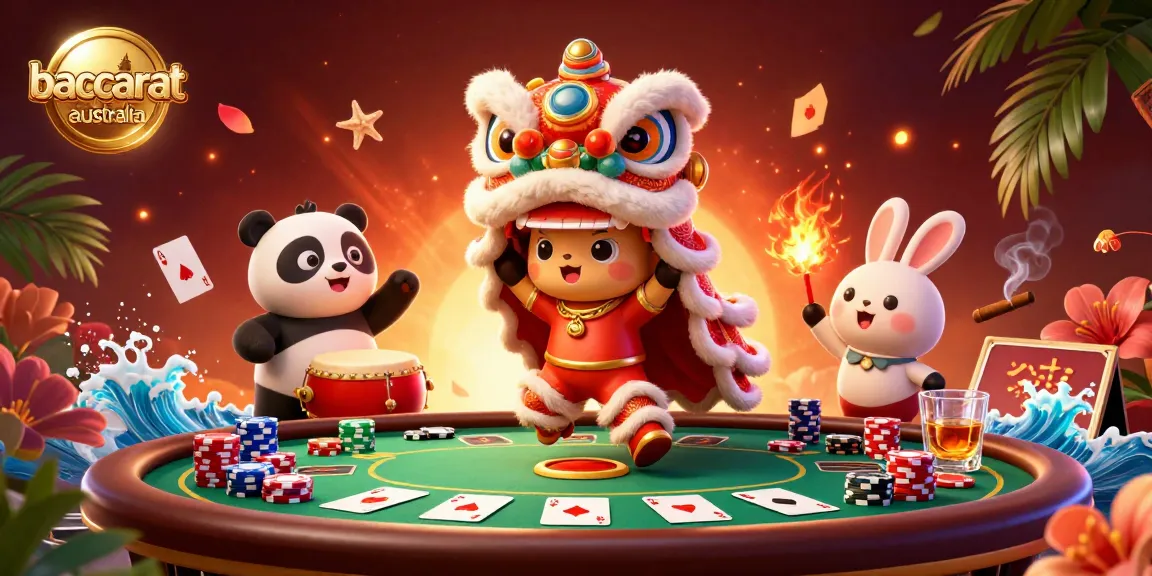 Baccarat online Australia illustrates a festive scene featuring a lion dance with casino elements and vibrant characters.
