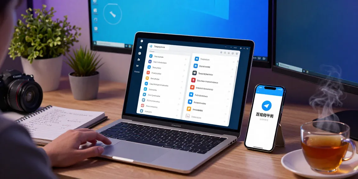 Customizing the Telegram Chinese interface on laptop and mobile in a modern workspace.