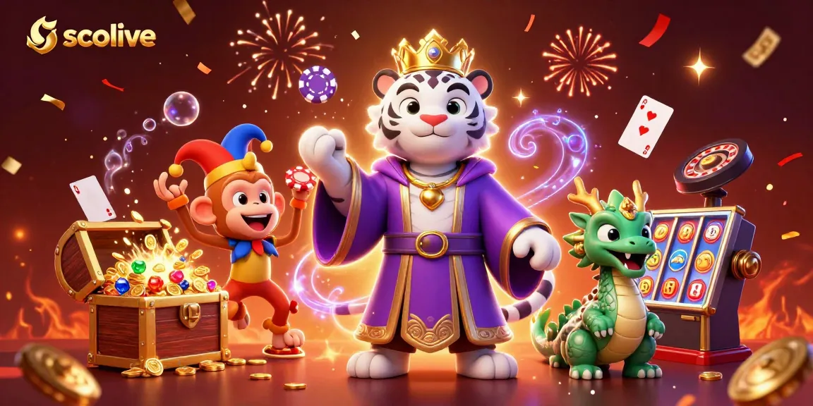 Socolive showcases a vibrant casino scene with a playful golden monkey juggling poker chips, surrounded by a lively tiger and magical dragon.