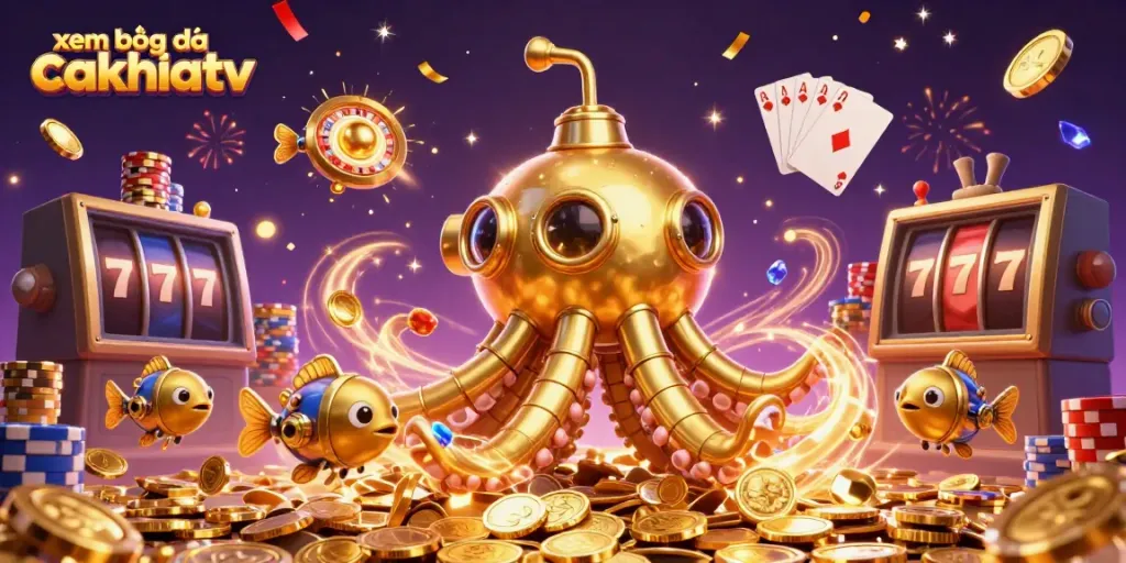 Xem bóng đá cakhiatv with energetic cartoon kraken submarine and dynamic casino elements.