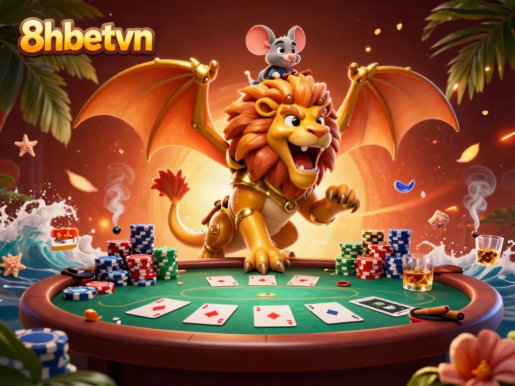 Engage in exhilarating gameplay with 8xbetvn's dynamic casino scene featuring a golden chimera and vibrant poker elements.