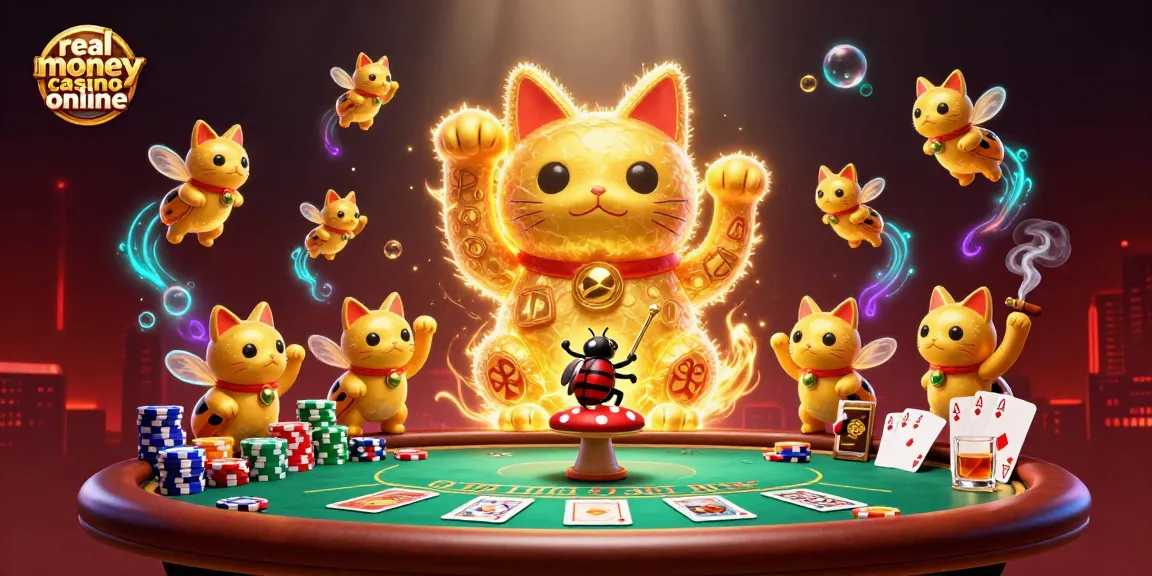 Experience excitement at a real money casino online with glowing golden fireflies and poker symbols.